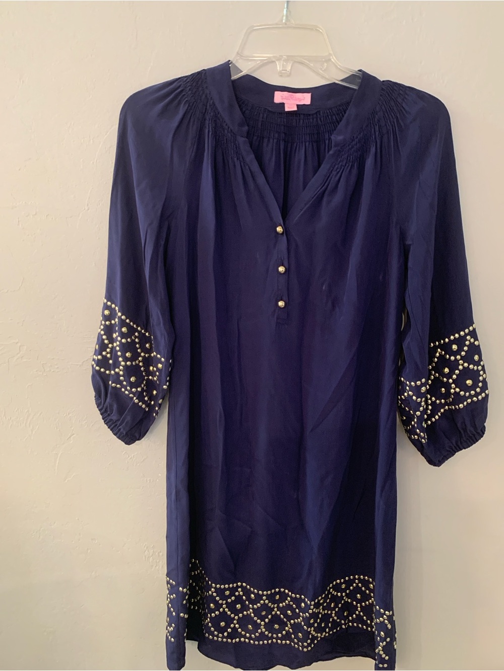 Lilly Pulitzer Navy Smocked Yoke 100 % Silk Tunic Dress With Studded detail XS